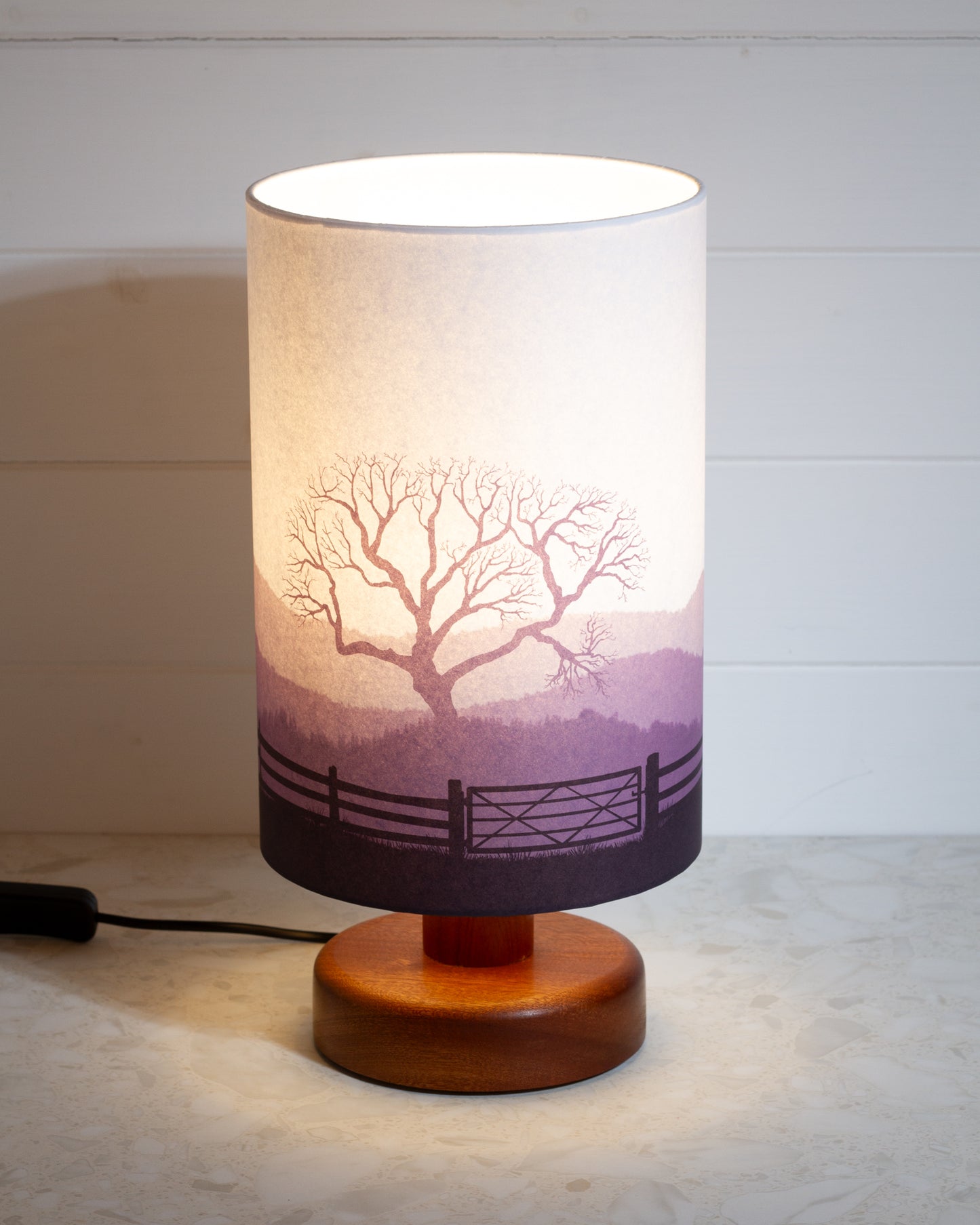 Round Sapele Table Lamp with 20cm x 30cm Lamp Shade in Landscape Gate Purple