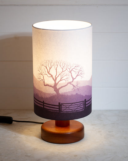 Round Sapele Table Lamp with 20cm x 30cm Lamp Shade in Landscape Gate Purple