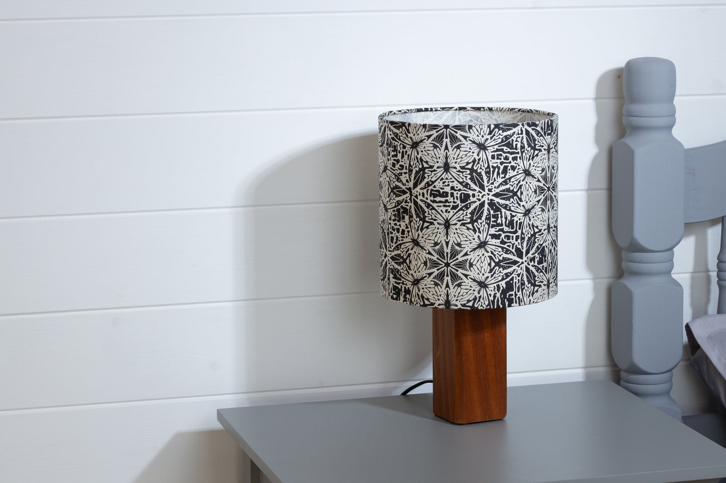 Square Sapele Table Lamp with 20cm Drum Lamp Shade B136 ~ Butterfly Kaleidoscope Black