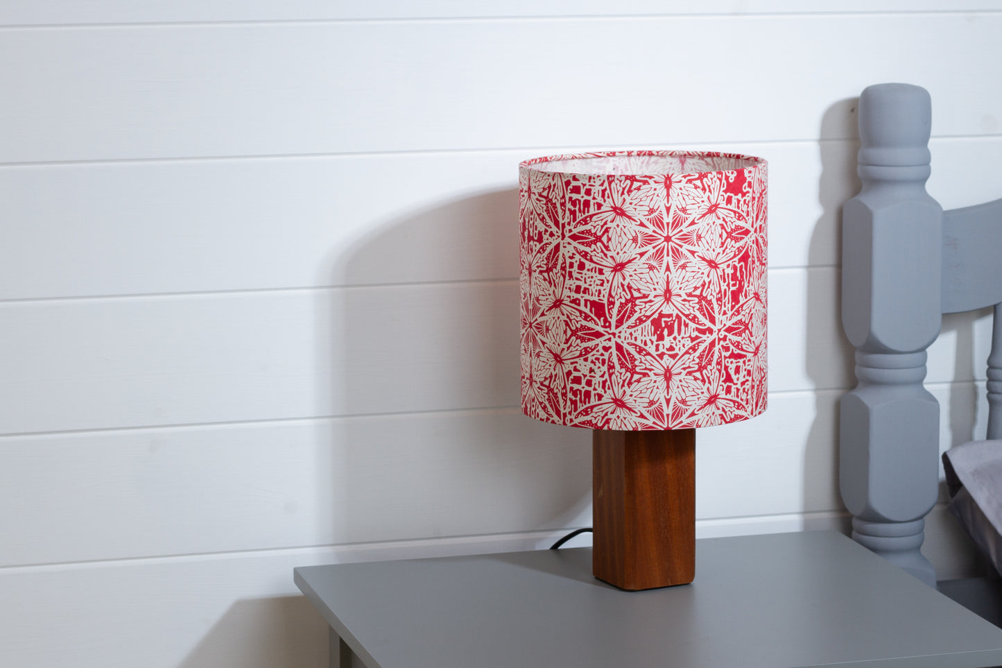 Square Sapele Table Lamp with 20cm Drum Lamp Shade B137 ~ Butterfly Kaleidoscope Red