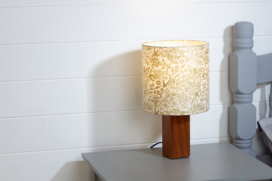 Square Sapele Table Lamp with 20cm Drum Lamp Shade B135 ~ Gold Birds