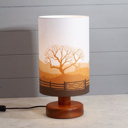 Round Sapele Table Lamp with 20cm x 30cm Lamp Shade in Landscape Gate Orange