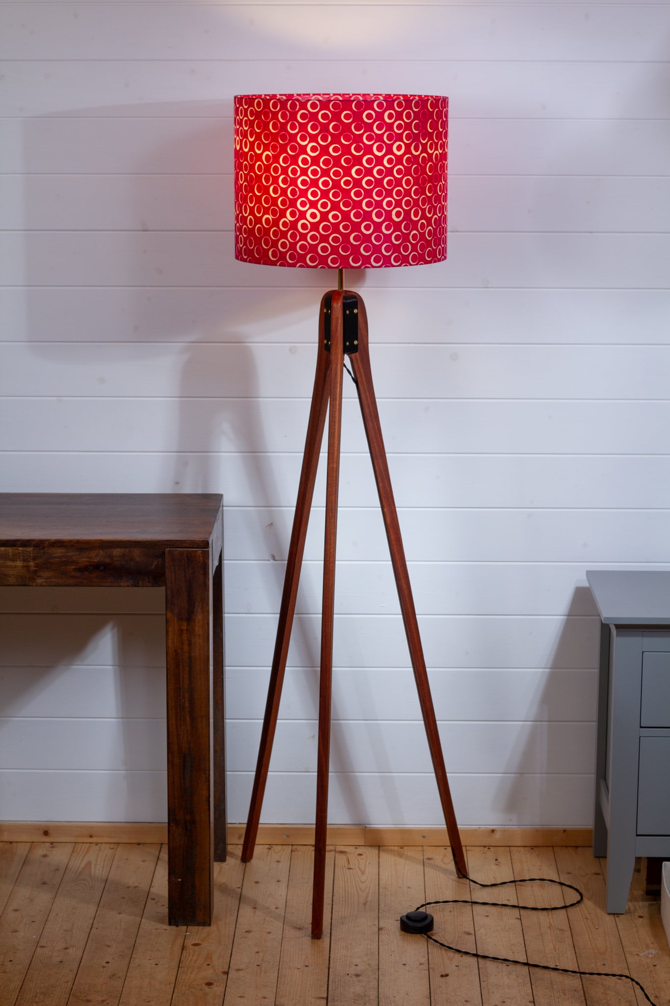 Sapele Tripod Floor Lamp - B140 ~ Batik Circles Hot Pink