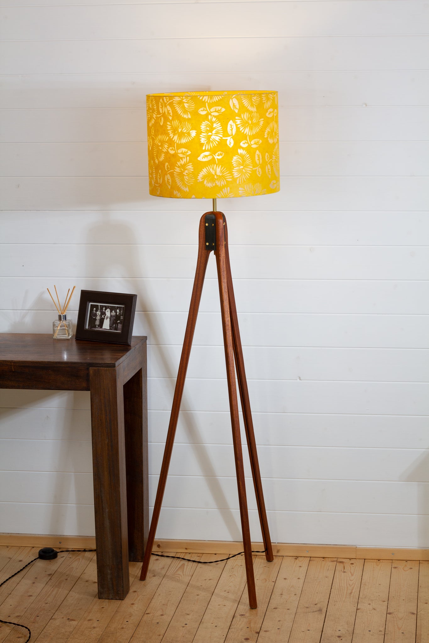 Sapele Tripod Floor Lamp - B120 Batik Peony Yellow