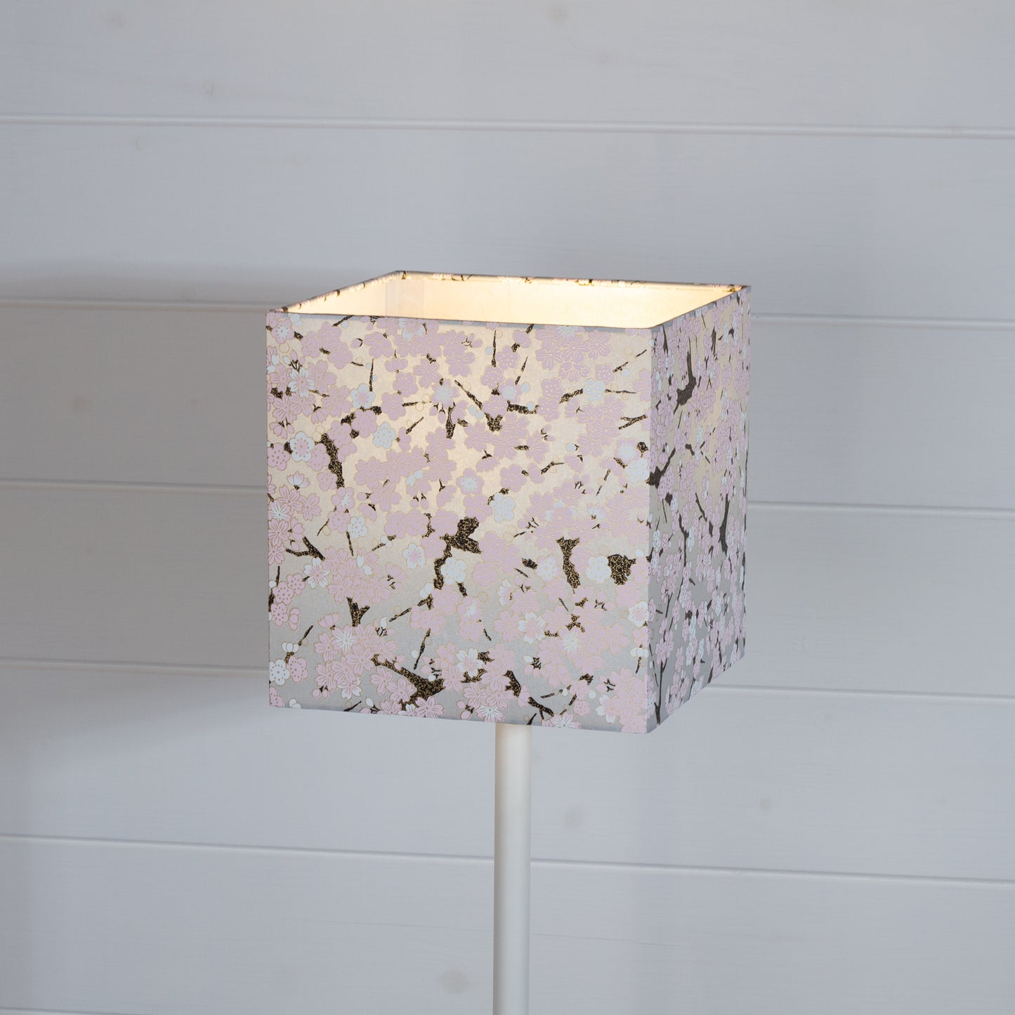 Square Lamp Shade - W02 ~ Pink Cherry Blossom on Grey, 20cm(w) x 20cm(h) x 20cm(d)