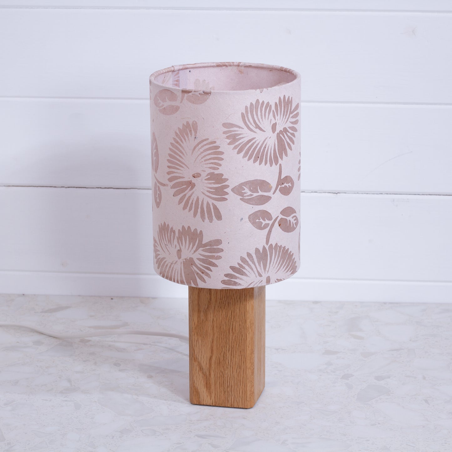 Square Oak Table Lamp with 15cm Drum Lamp Shade P09 - Batik Peony on Natural