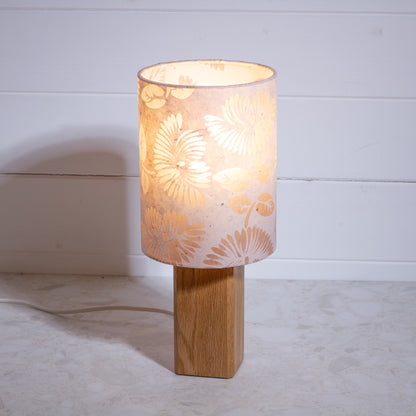 Square Oak Table Lamp with 15cm Drum Lamp Shade P09 - Batik Peony on Natural