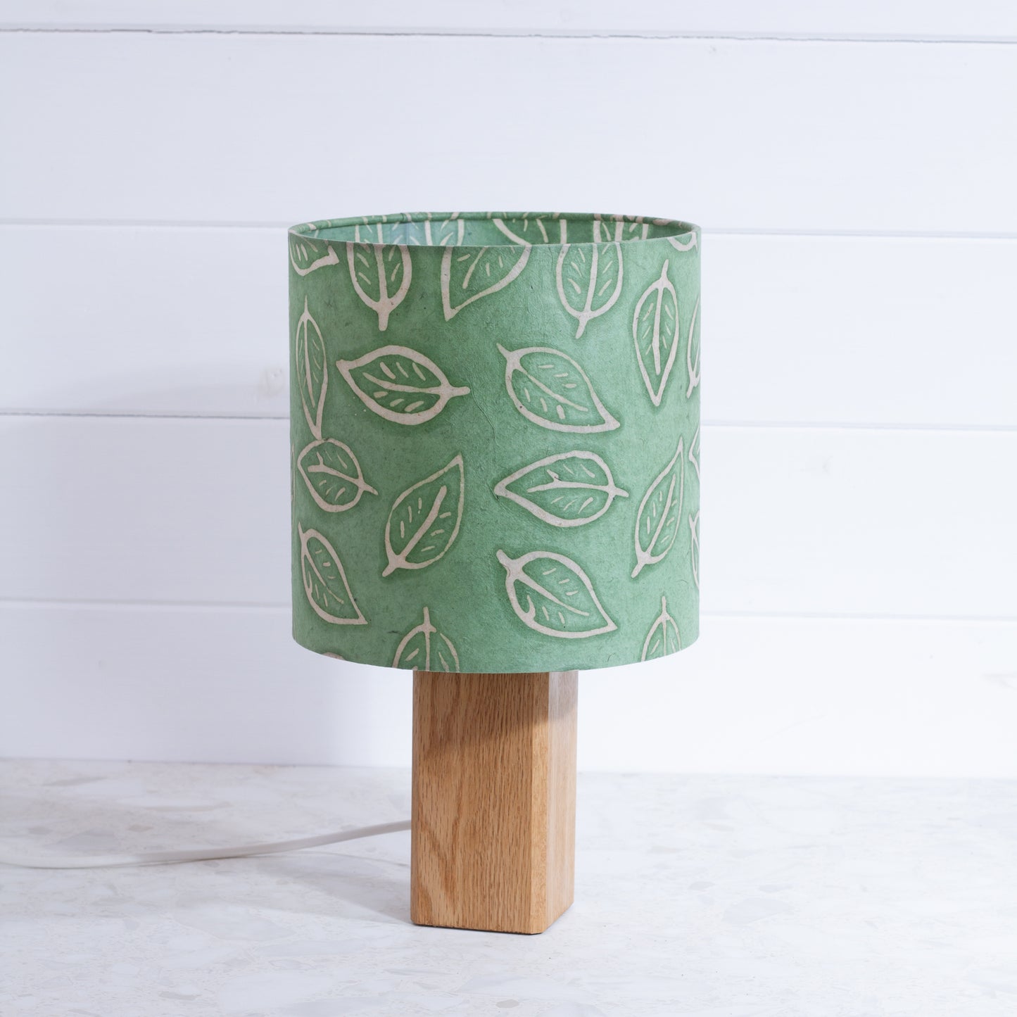 Square Oak Table Lamp with 20cm Drum Lamp Shade P29 ~ Batik Leaf on Green