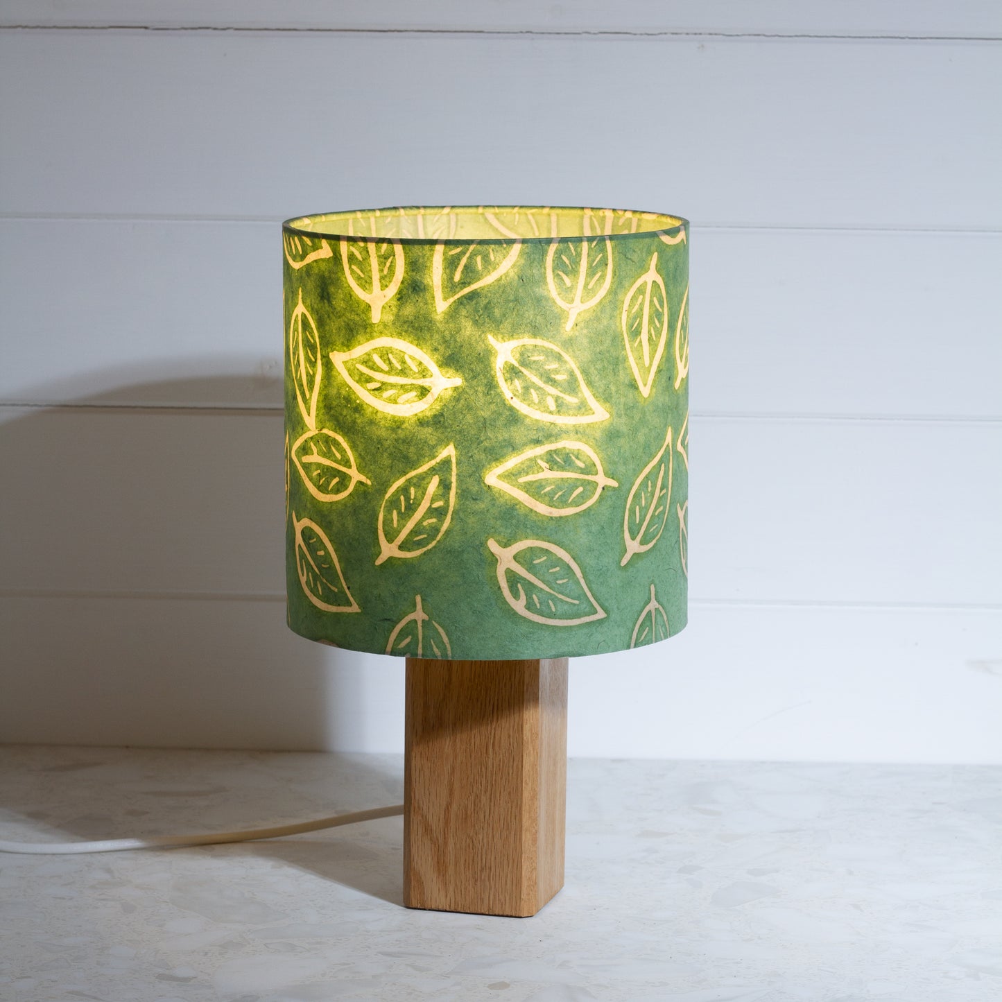 Square Oak Table Lamp with 20cm Drum Lamp Shade P29 ~ Batik Leaf on Green
