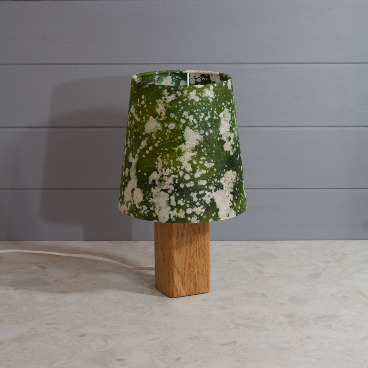 Square Oak Table Lamp with Conical Lamp Shade in B114 ~ Batik Canopy Greens