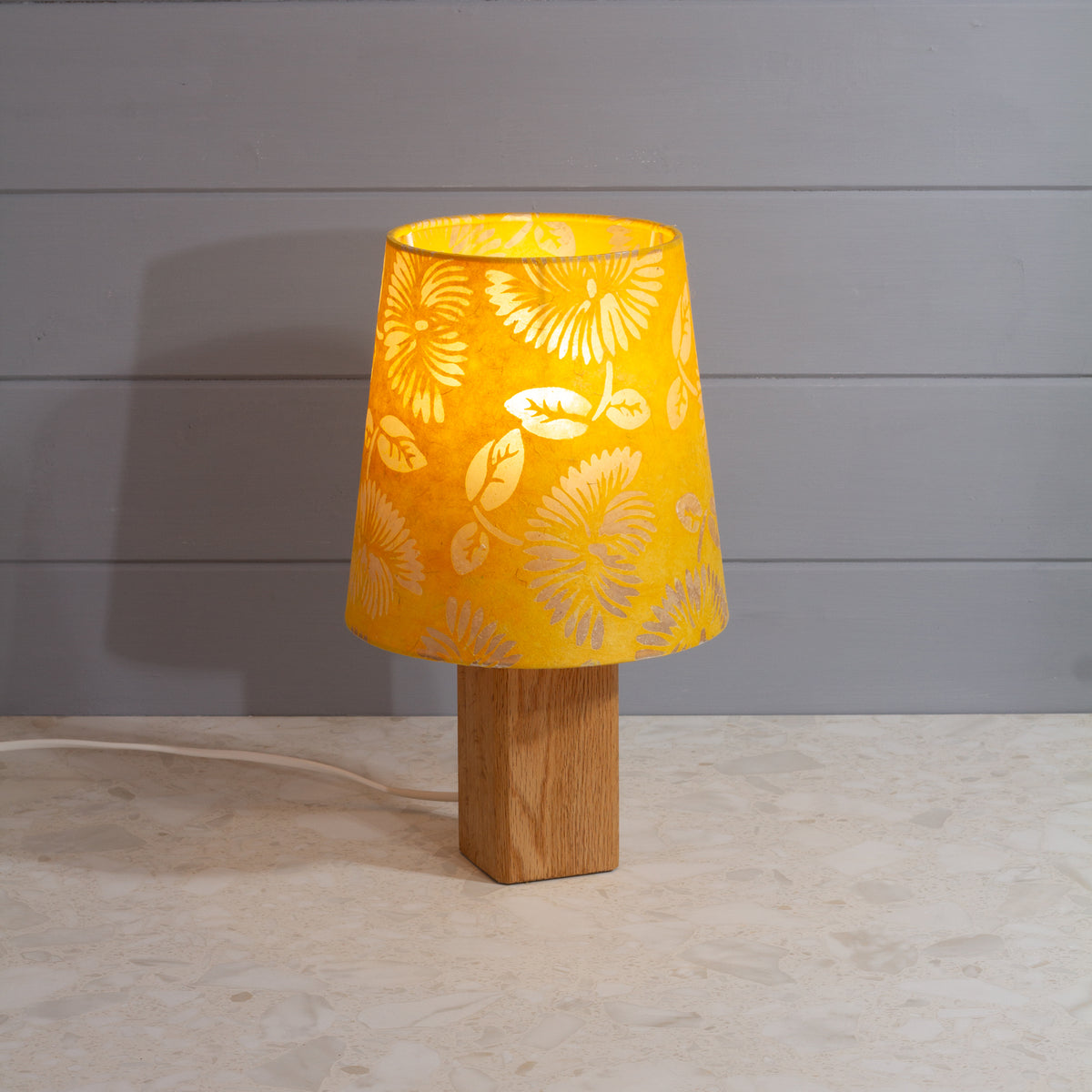 Square Oak Table Lamp with Conical Lamp Shade in B120 ~ Batik Peony Yellow