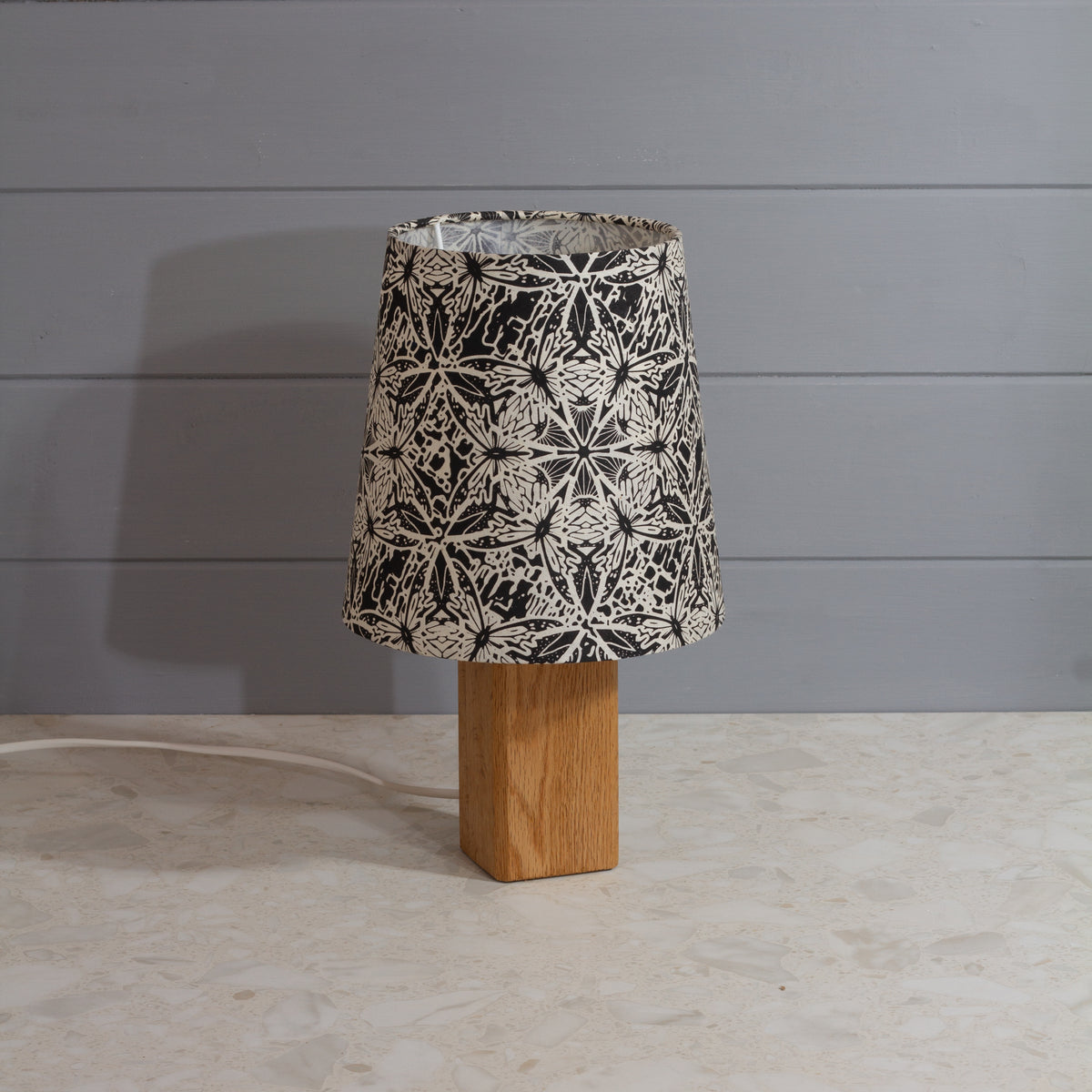 Square Oak Table Lamp with Conical Lamp Shade in B136 ~ Butterfly Kaleidoscope Black