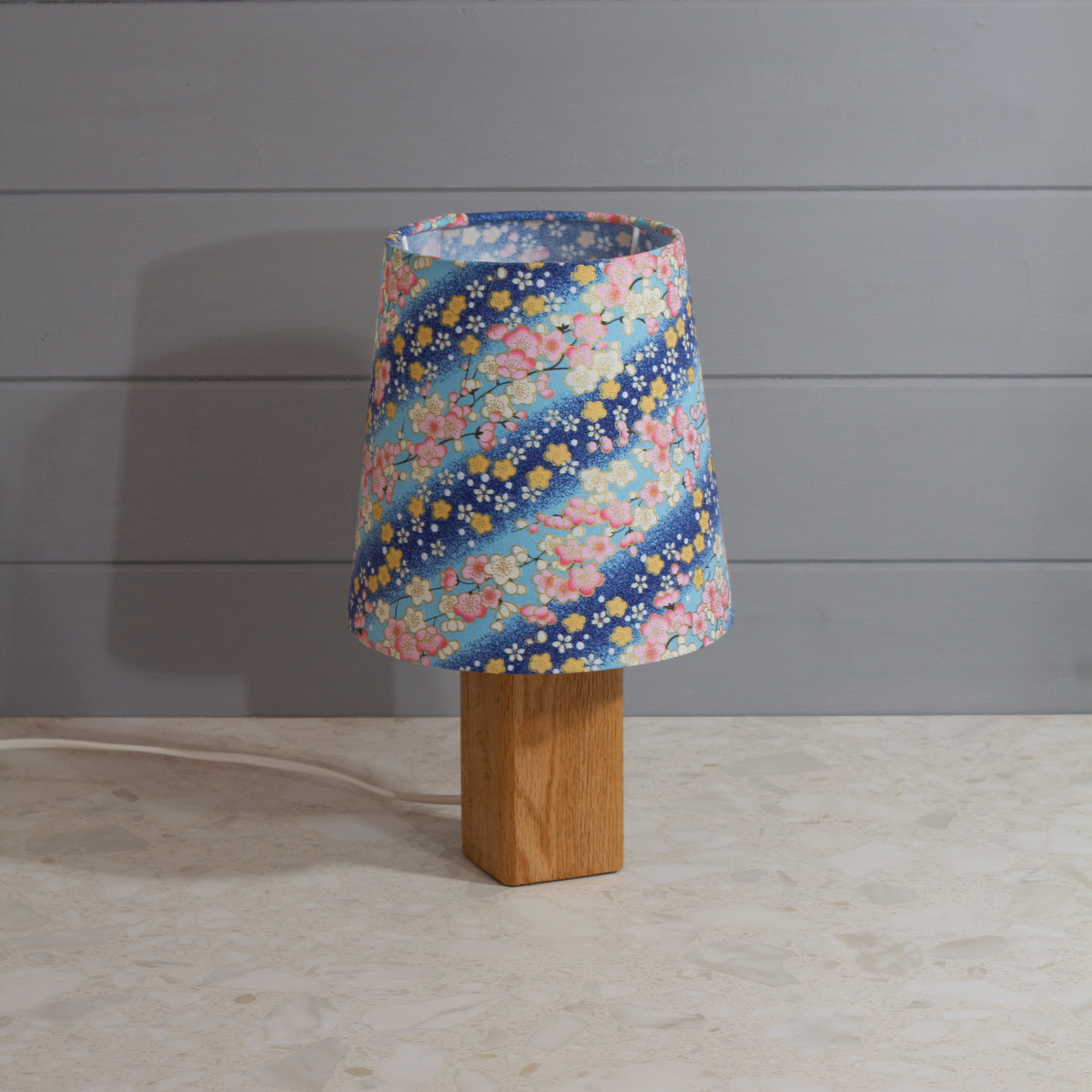 Square Oak Table Lamp with Conical Lamp Shade in F120 ~ Cherry Blossom Blues Fabric