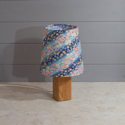 Square Oak Table Lamp with Conical Lamp Shade in F120 ~ Cherry Blossom Blues Fabric