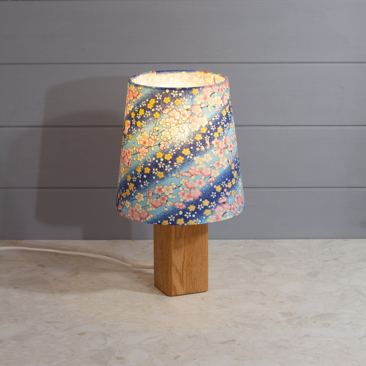 Square Oak Table Lamp with Conical Lamp Shade in F120 ~ Cherry Blossom Blues Fabric