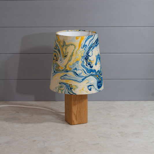 Square Oak Table Lamp with Conical Lamp Shade in B139 ~ Coastline Marble