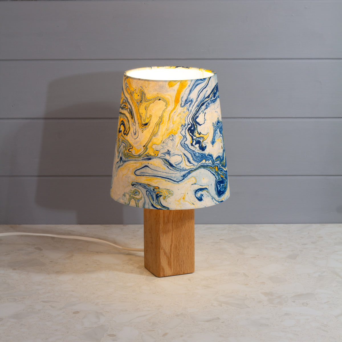 Square Oak Table Lamp with Conical Lamp Shade in B139 ~ Coastline Marble