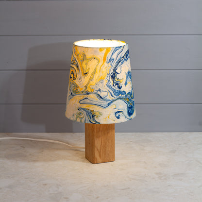 Square Oak Table Lamp with Conical Lamp Shade in B139 ~ Coastline Marble