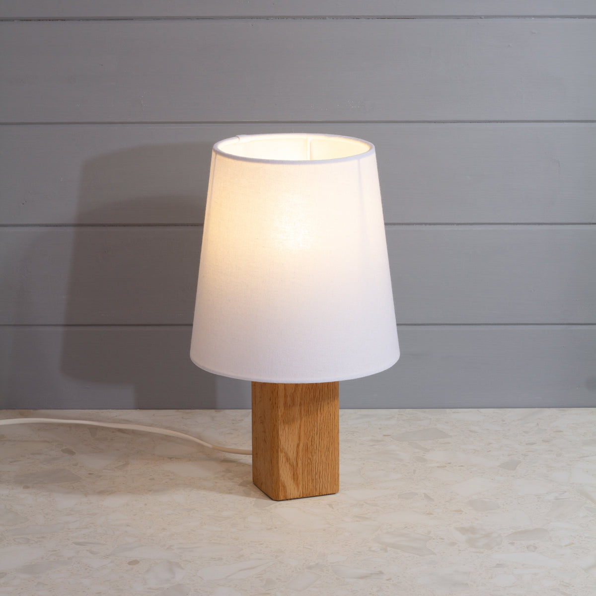 Square Oak Table Lamp with Conical Lamp Shade in F160 ~ White Linen