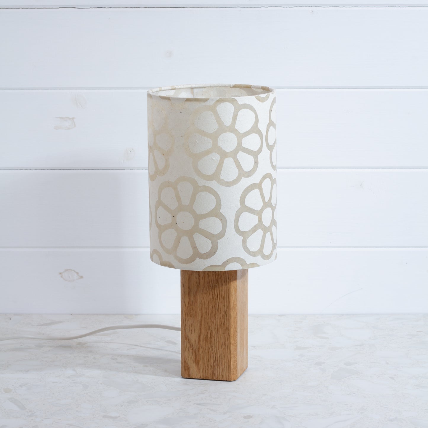 Square Oak Table Lamp with 15cm Drum Lamp Shade P17 - Batik Big Flower on Natural