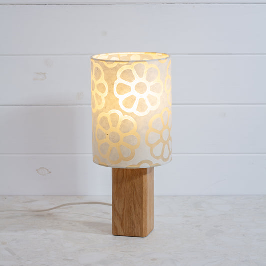 Square Oak Table Lamp with 15cm Drum Lamp Shade P17 - Batik Big Flower on Natural