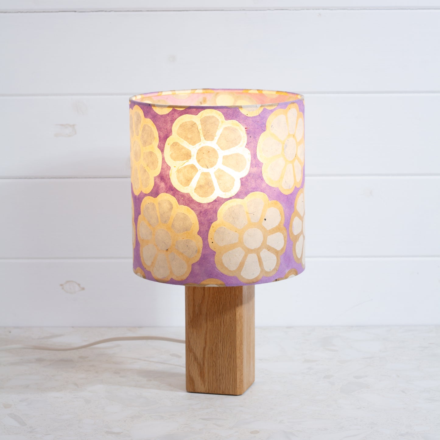 Square Oak Table Lamp with 20cm Drum Lamp Shade P21 ~ Batik Big Flower on Lilac