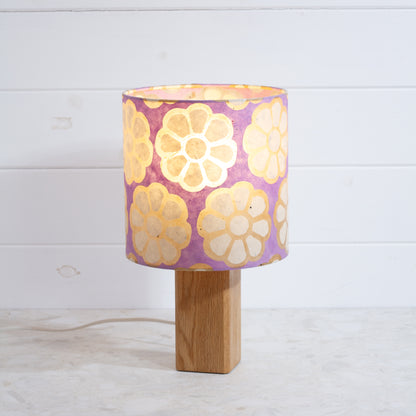 Square Oak Table Lamp with 20cm Drum Lamp Shade P21 ~ Batik Big Flower on Lilac