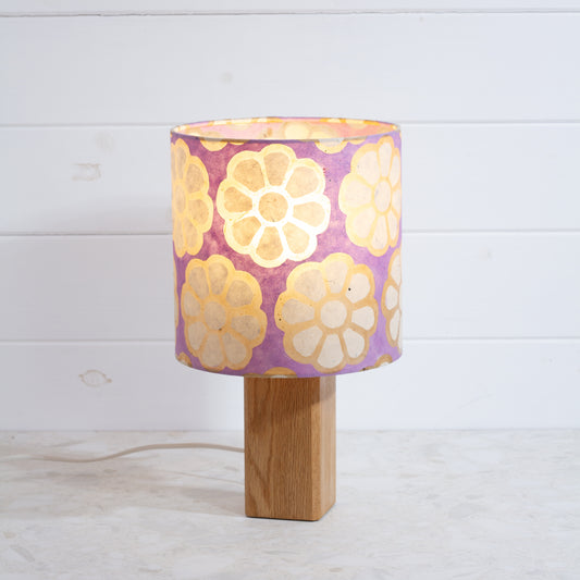Square Oak Table Lamp with 20cm Drum Lamp Shade P21 ~ Batik Big Flower on Lilac