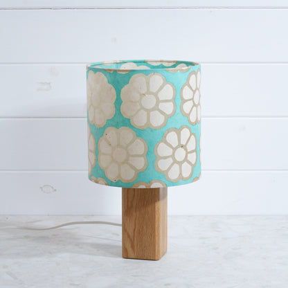 Square Oak Table Lamp with 20cm Drum Lamp Shade P98 ~ Batik Big Flower on Seafoam