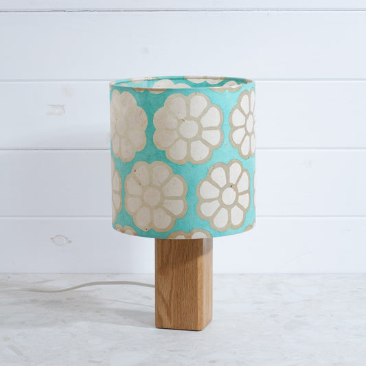 Square Oak Table Lamp with 20cm Drum Lamp Shade P98 ~ Batik Big Flower on Seafoam