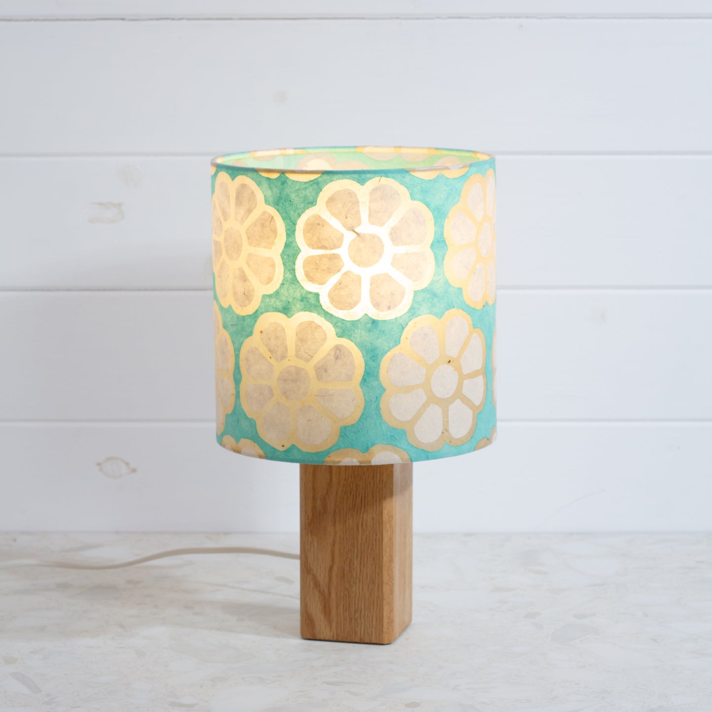 Square Oak Table Lamp with 20cm Drum Lamp Shade P98 ~ Batik Big Flower on Seafoam