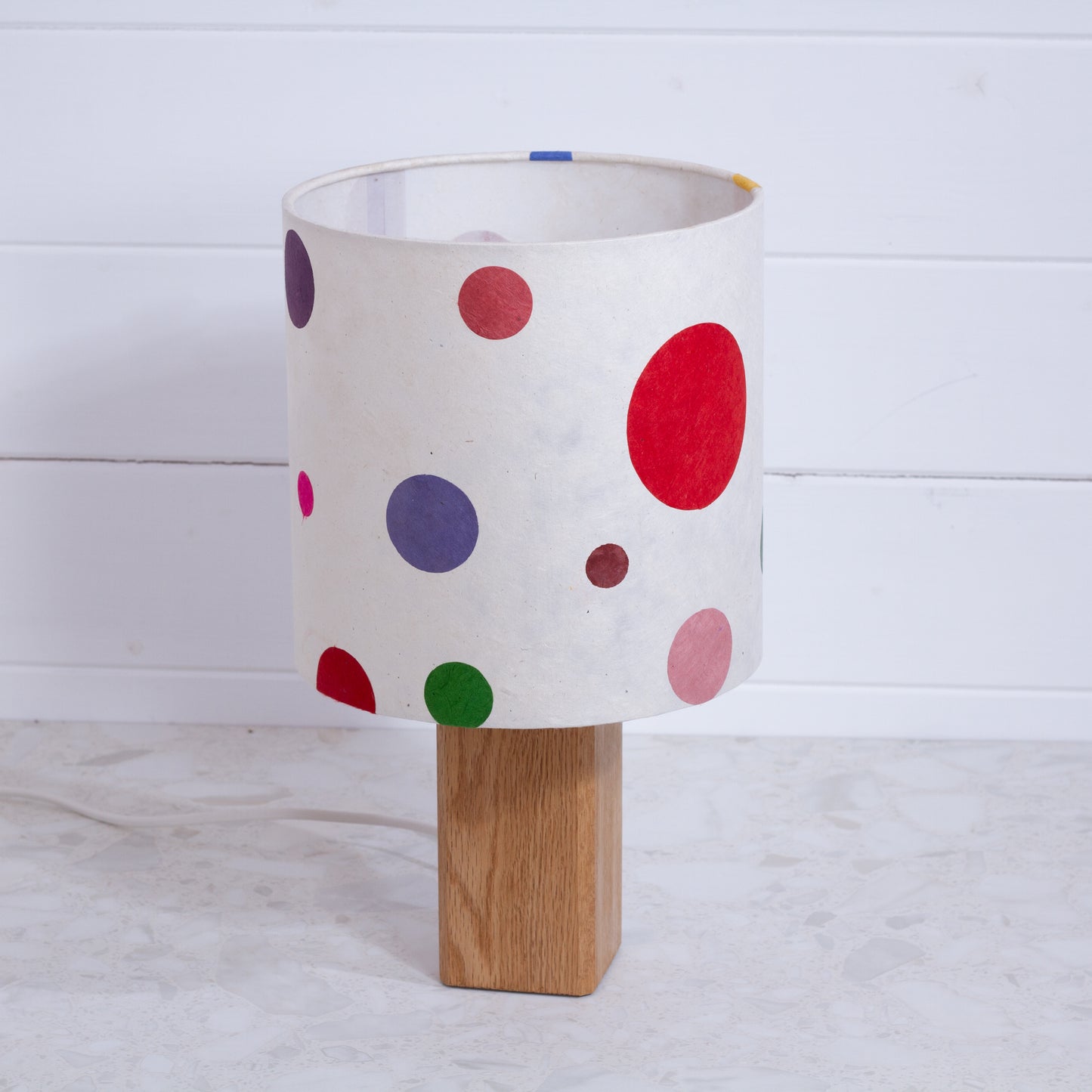 Square Oak Table Lamp with 20cm Drum Lamp Shade P39 - Polka Dots
