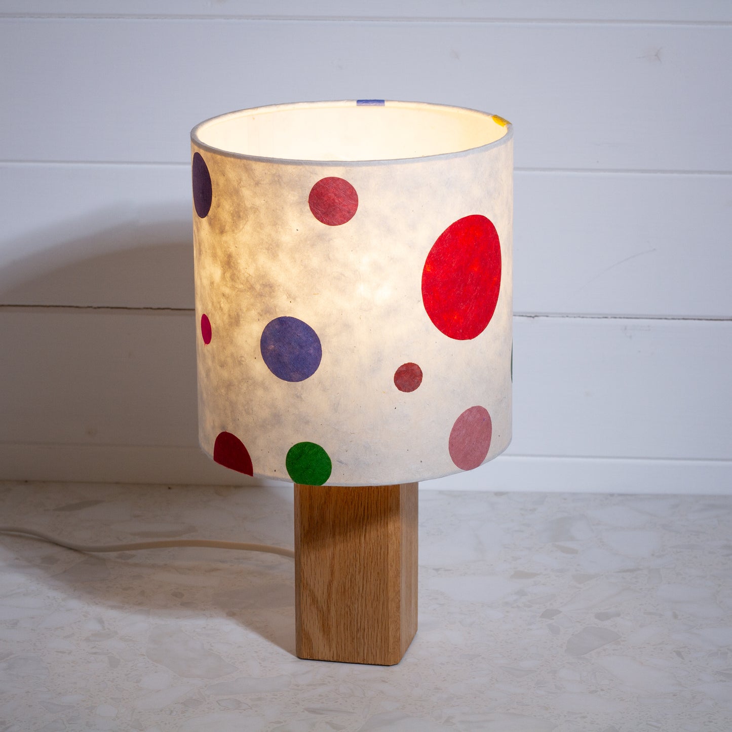 Square Oak Table Lamp with 20cm Drum Lamp Shade P39 - Polka Dots