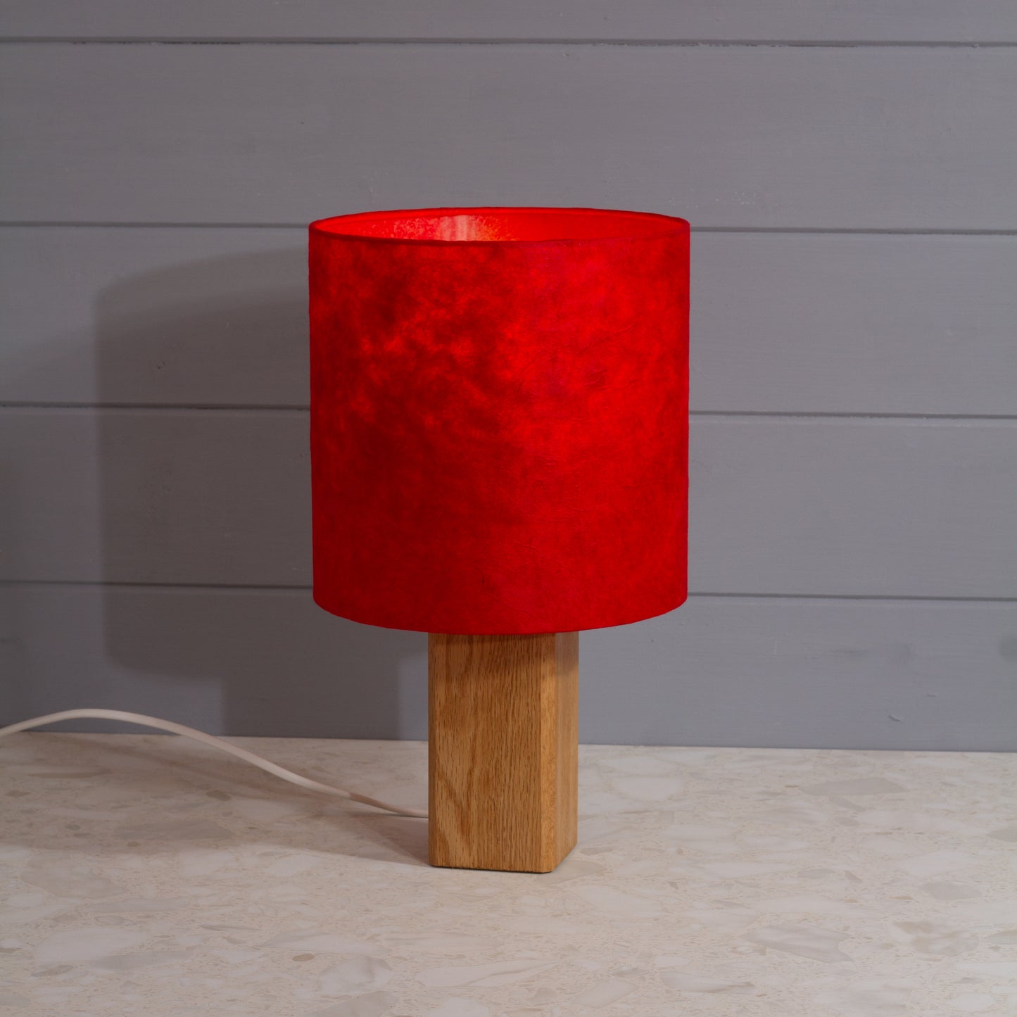 Square Oak Table Lamp with 20x20cm Drum Lamp Shade P60 ~ Red Lokta