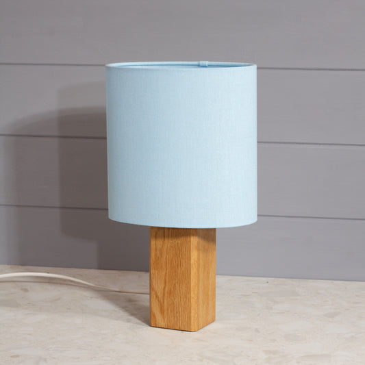 Square Oak Lamp Base with Oval Lamp shade in F190 ~ Baby Blue Linen