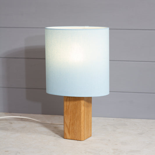 Square Oak Lamp Base with Oval Lamp shade in F190 ~ Baby Blue Linen
