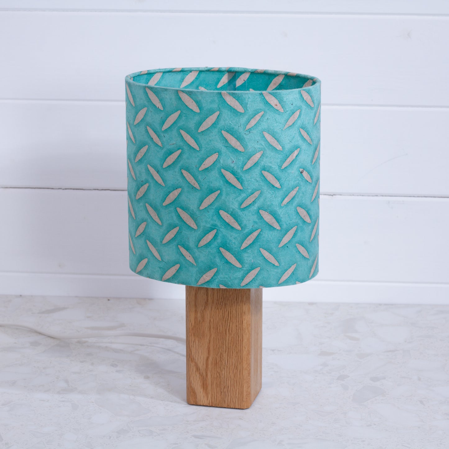 Square Oak Lamp Base with Oval Lamp shade in P93 ~ Batik Tread Plate Seafoam