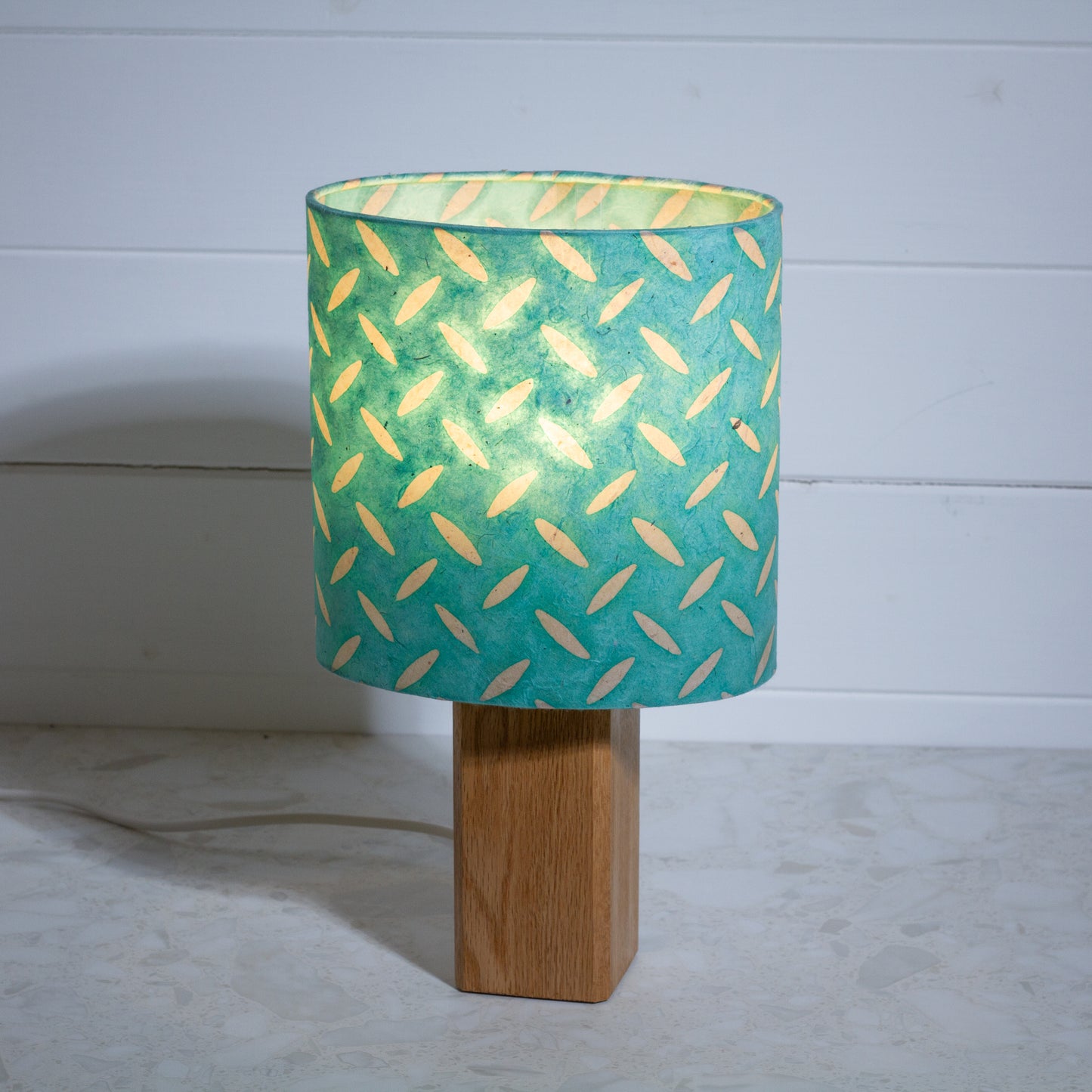 Square Oak Lamp Base with Oval Lamp shade in P93 ~ Batik Tread Plate Seafoam