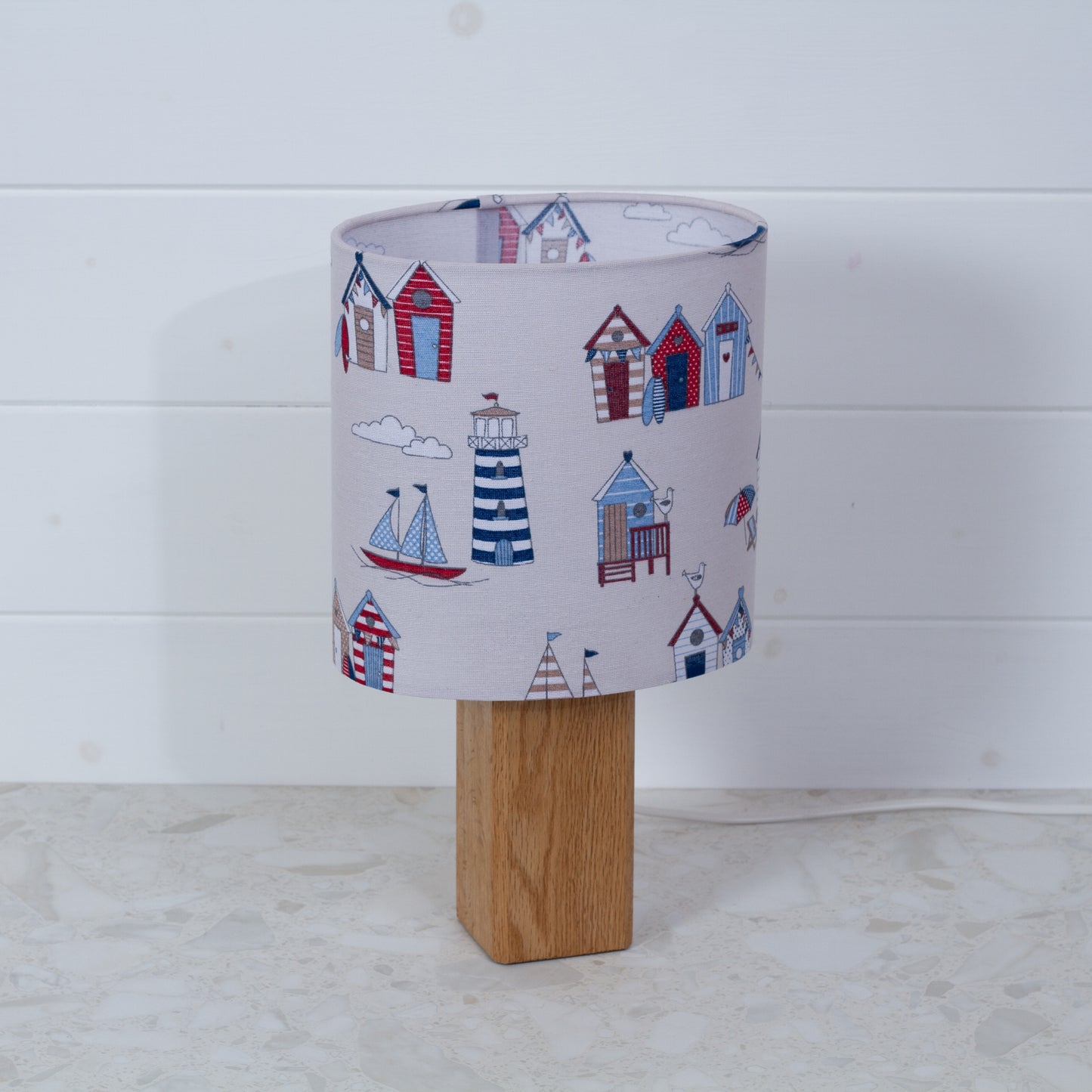 Square Oak Lamp Base with Oval Lamp shade in Beach Huts Fabric (F130)