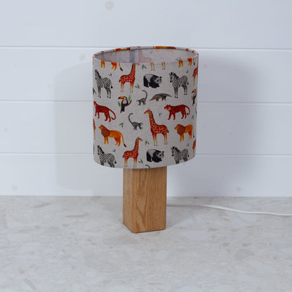 Square Oak Lamp Base with Oval Lamp shade in F100 ~ Zoo Animals Fabric