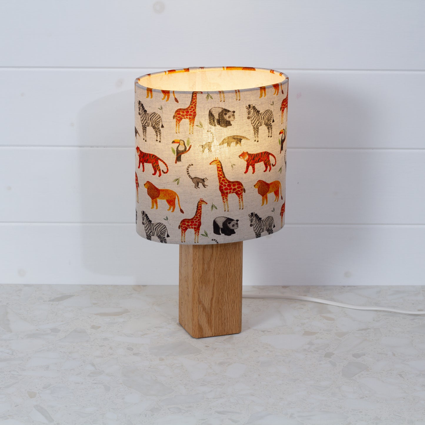 Square Oak Lamp Base with Oval Lamp shade in F100 ~ Zoo Animals Fabric