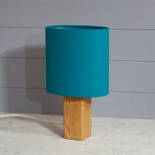 Square Oak Lamp Base with Oval Lamp shade in F185 ~ Teal Linen