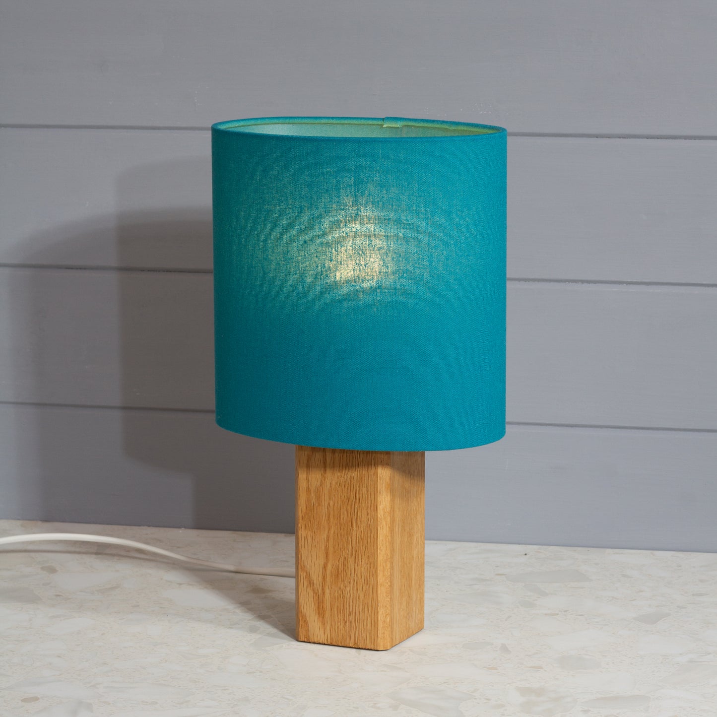 Square Oak Lamp Base with Oval Lamp shade in F185 ~ Teal Linen