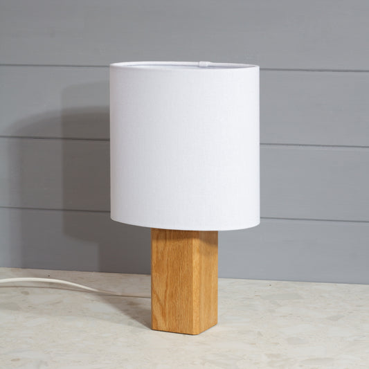 Square Oak Lamp Base with Oval Lamp shade in F160 ~ White Linen