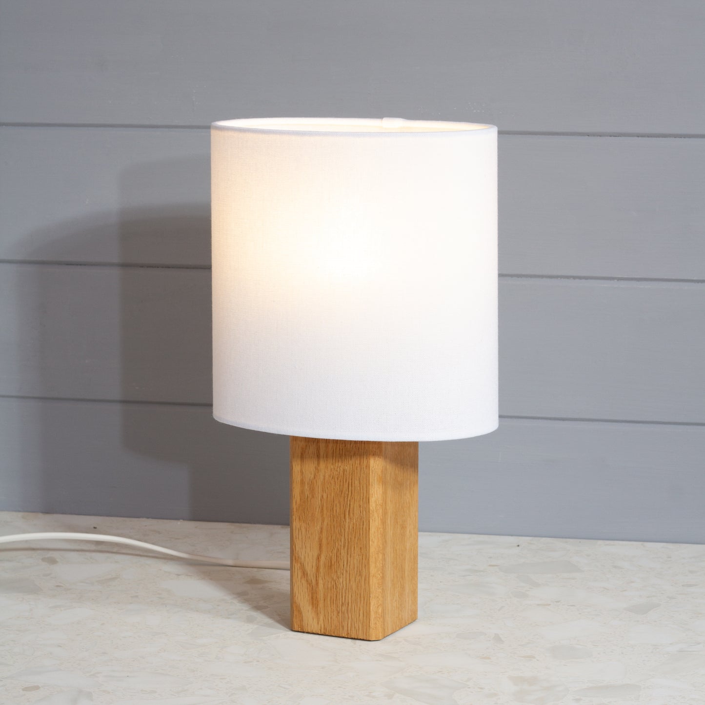 Square Oak Lamp Base with Oval Lamp shade in F160 ~ White Linen