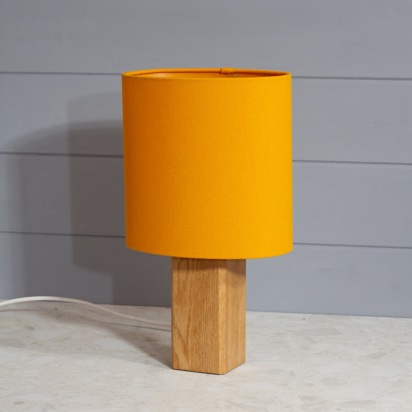 Square Oak Lamp Base with Oval Lamp shade in F180 ~ Yellow Ochre Linen