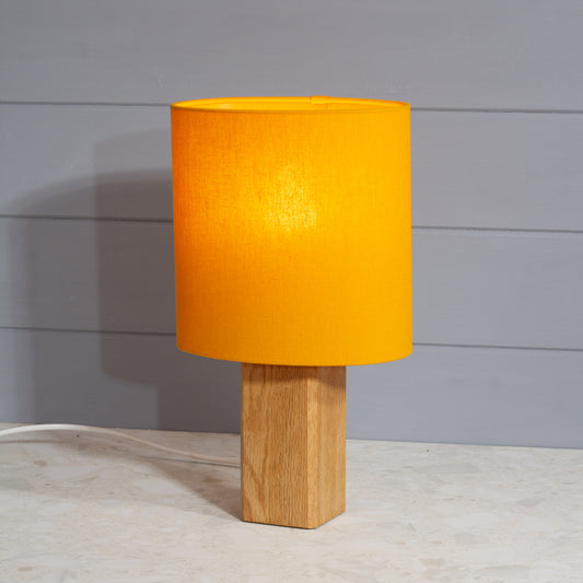 Square Oak Lamp Base with Oval Lamp shade in F180 ~ Yellow Ochre Linen