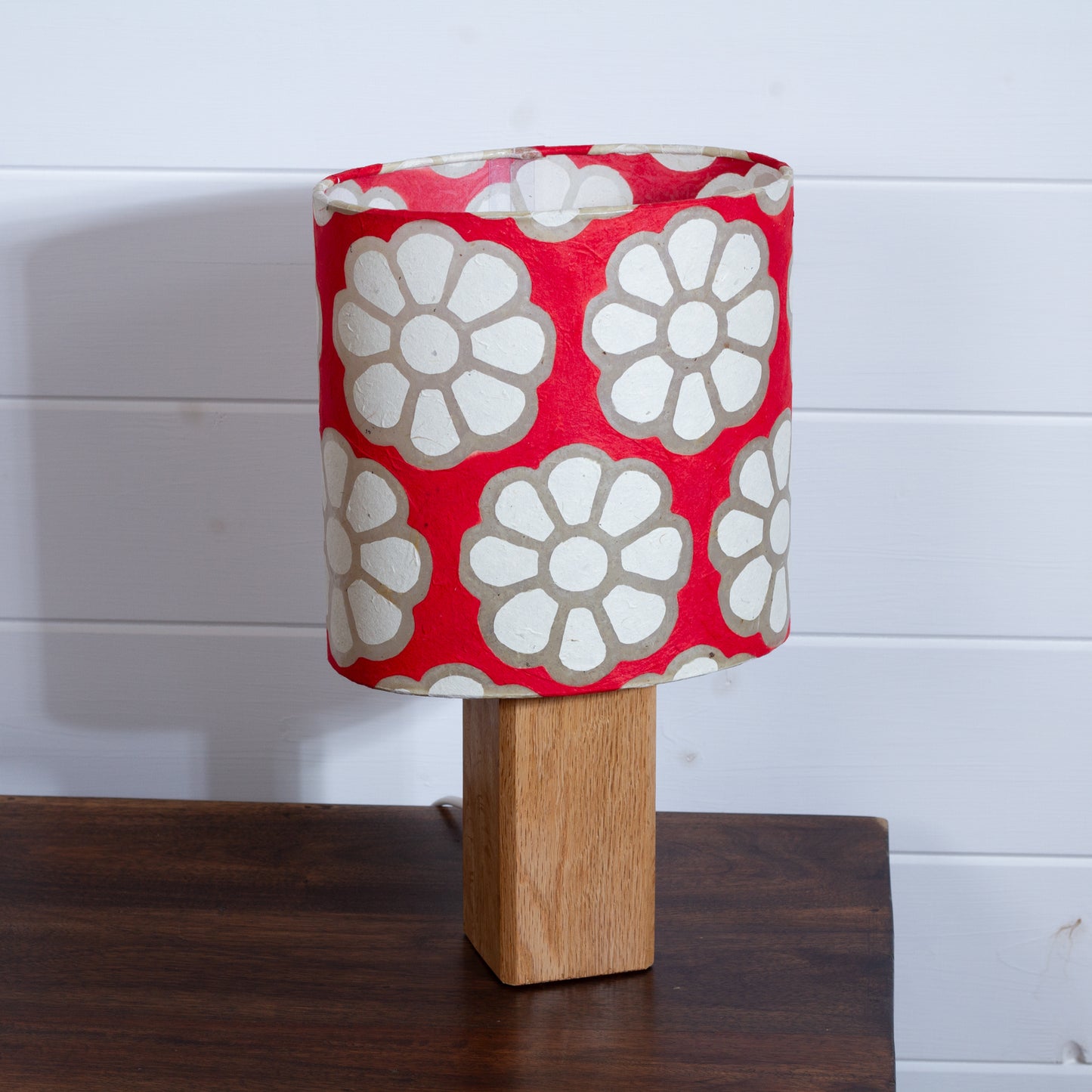 Square Oak Lamp Base with Oval Lamp shade in P18 - Batik Big Flower on Red