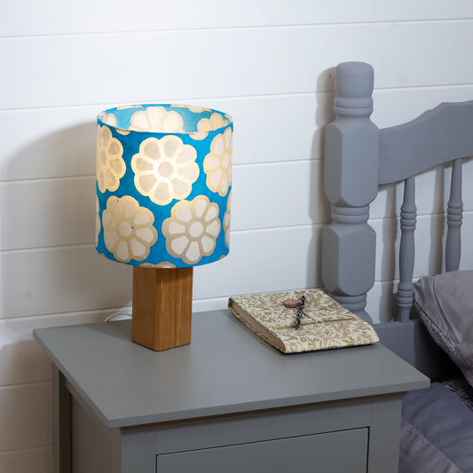 Square Oak Table Lamp with 20cm Drum Lamp Shade P23 - Batik Big Flower on Teal