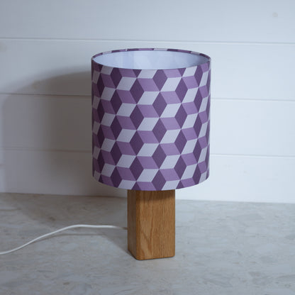 Purple Cubes Geometric Print Lampshade on a Hardwood Table Lamp